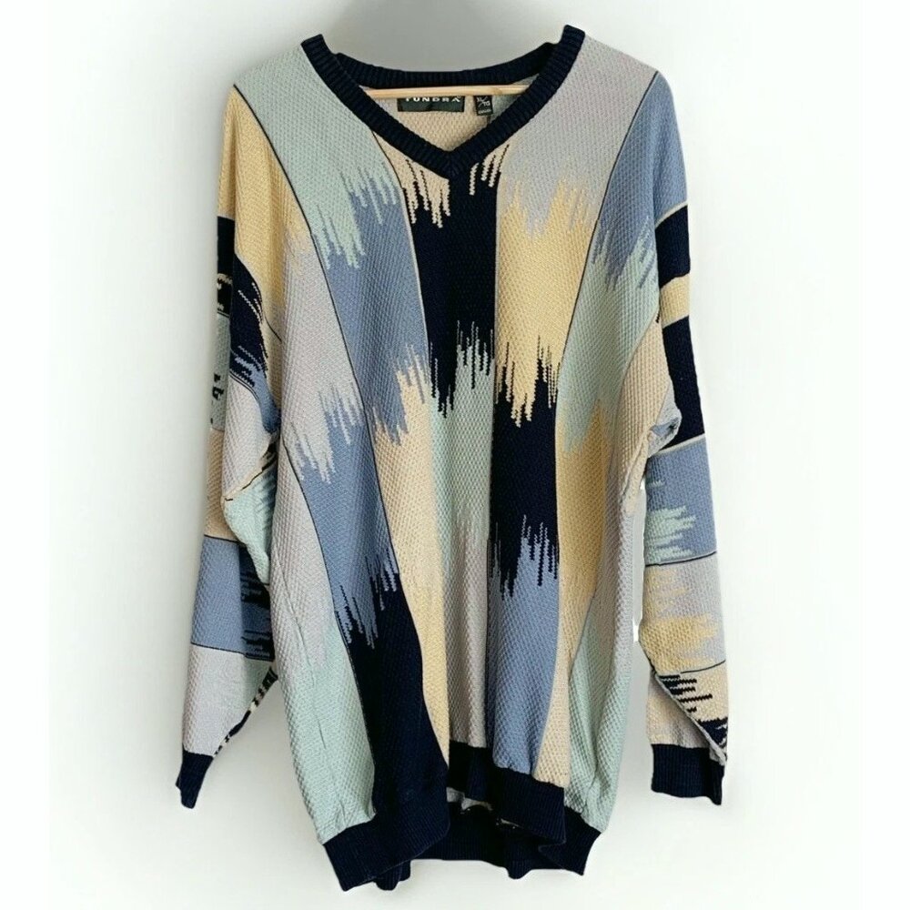 Vintage Tundra Mens Abstract 80s 90s Sweater XL Mixed Pastel Cosby Retro